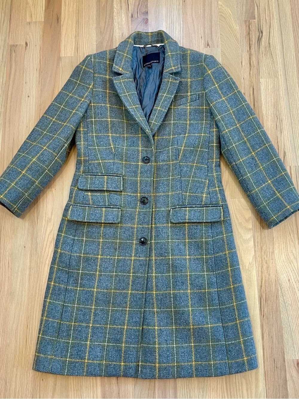 Banana Republic Gray Plaid Wool Blend Long Coat Windowpane Size S